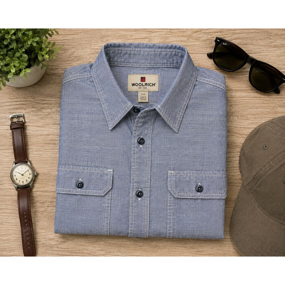 Woolrich Men's L Blue Chambray Short Sleeve Work Shirt 100% Cotton Button Up
